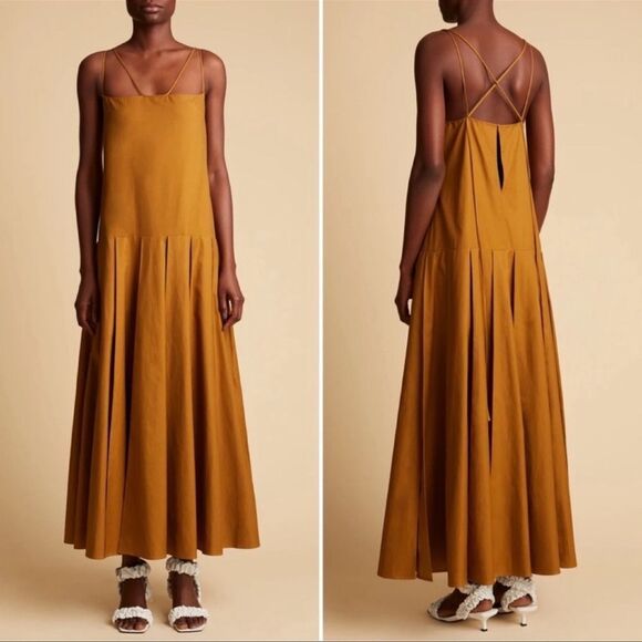 KHAITE Thea Poplin Drop Waist A-Line Square Neck Pleated Maxi Dress - Picture 1 of 7